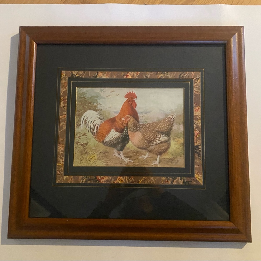Framed Speckled Sussex Rooster and Hen Chicken Print, Signed Ludlow, 17 inches